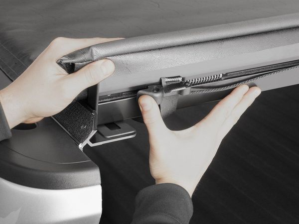 Weathertech soft roll up tonneau cover: auto latch dual automatic locking system