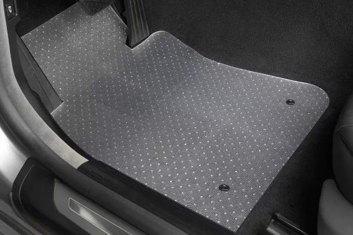clear vinyl vehicle protector mat with dotted patterns, custom fit to car floor